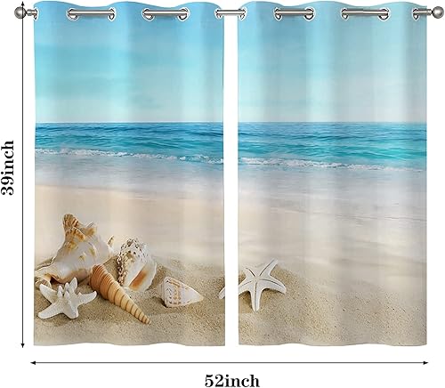 Miniatura 3 de Cortinas de baño de playa de verano, diseño tropical de estrella de mar, conchas marinas, cortinas de privacidad con ojales, cortinas de ventana