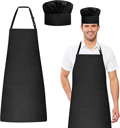Chef Apron and Hat Set, Chef Hat and Kitchen Apron with Front Pockets for Adult