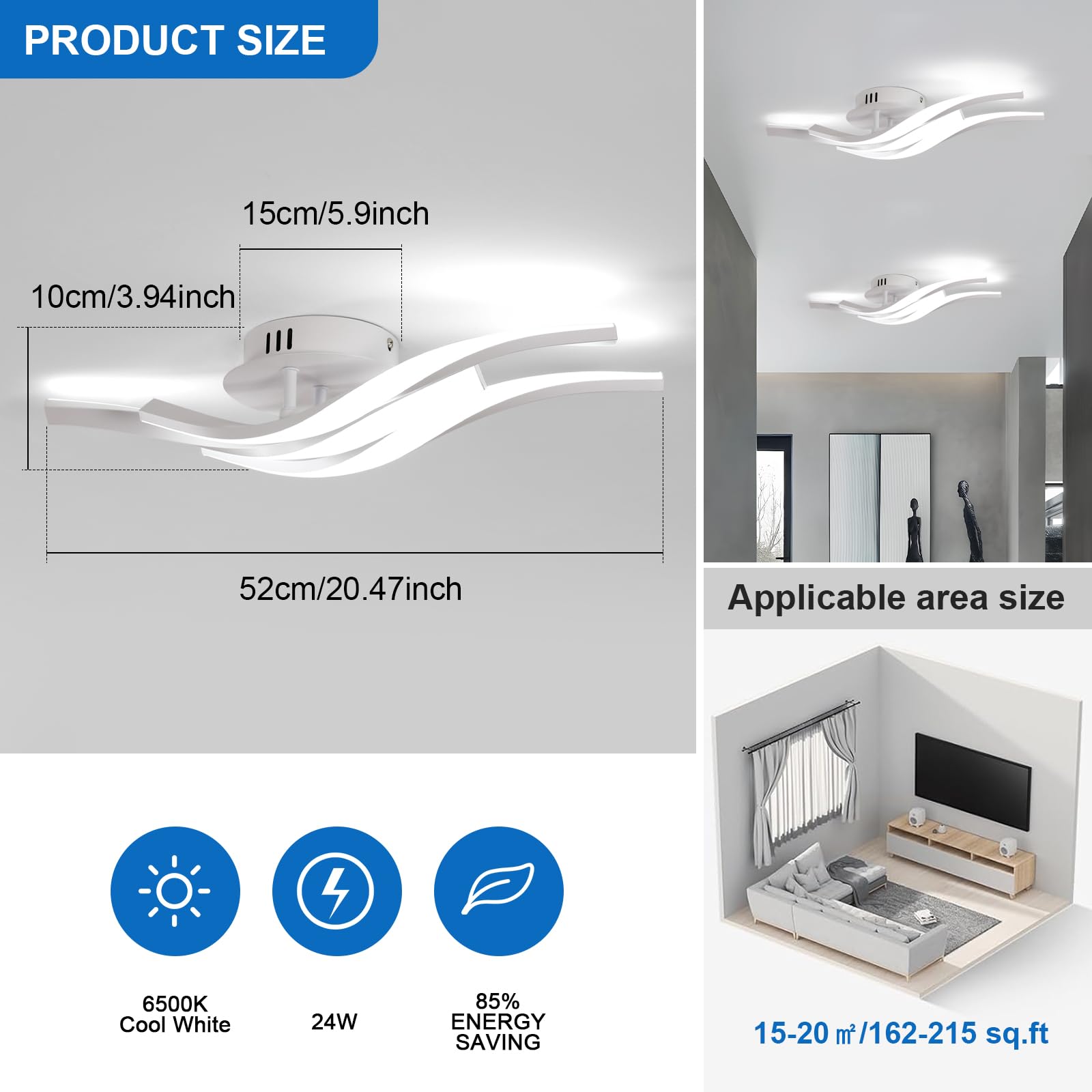 Comely lampa sufitowa LED, 24W 2700LM nowoczesny żyrandol sufitowy LED z 3 zakrzywionymi światłam ibiałe światło 6500K, długość 52 cm