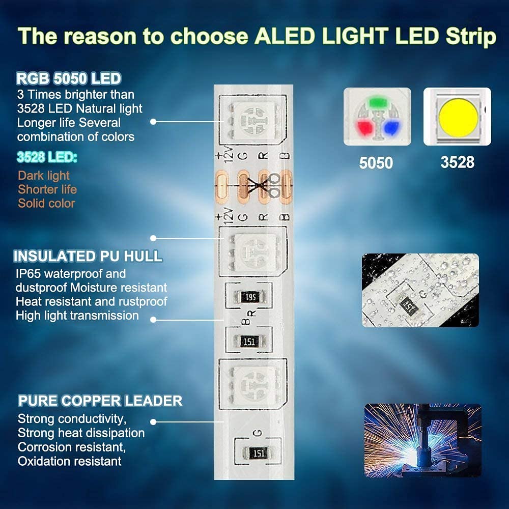 Tiras de LED Bluetooth, ALED LIGHT 5050 RGB 2x5 metros Luces de Tira LED 12V Banda de Luz Impermeable de Controlada por Control Remoto o Teléfono Inteligente para El hogar, Exteriores Decoración