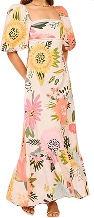 Qikaka Womens Square Neck Short Puff Sleeve Printed Bodycon Sexy Nightclub Party Holiday Dress