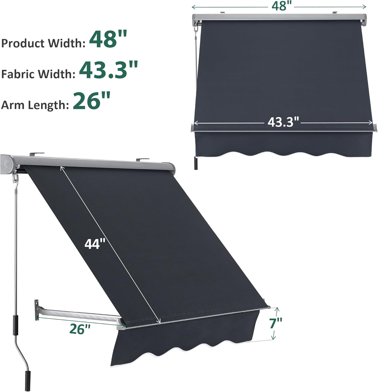 Macrout 48" Patio Window Awning for Door Entrance, Aluminum Fully Assembled Manual Retractable Sunshade Canopy, WA412 (Dark Grey, 48")
