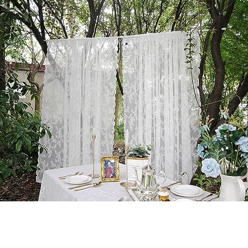 Lot de 2 rideaux en dentelle blanche avec fleurs brodées en dentelle transparente pour salon, chambre à coucher, 2 pièces, largeur 150 x hauteur 200 cm