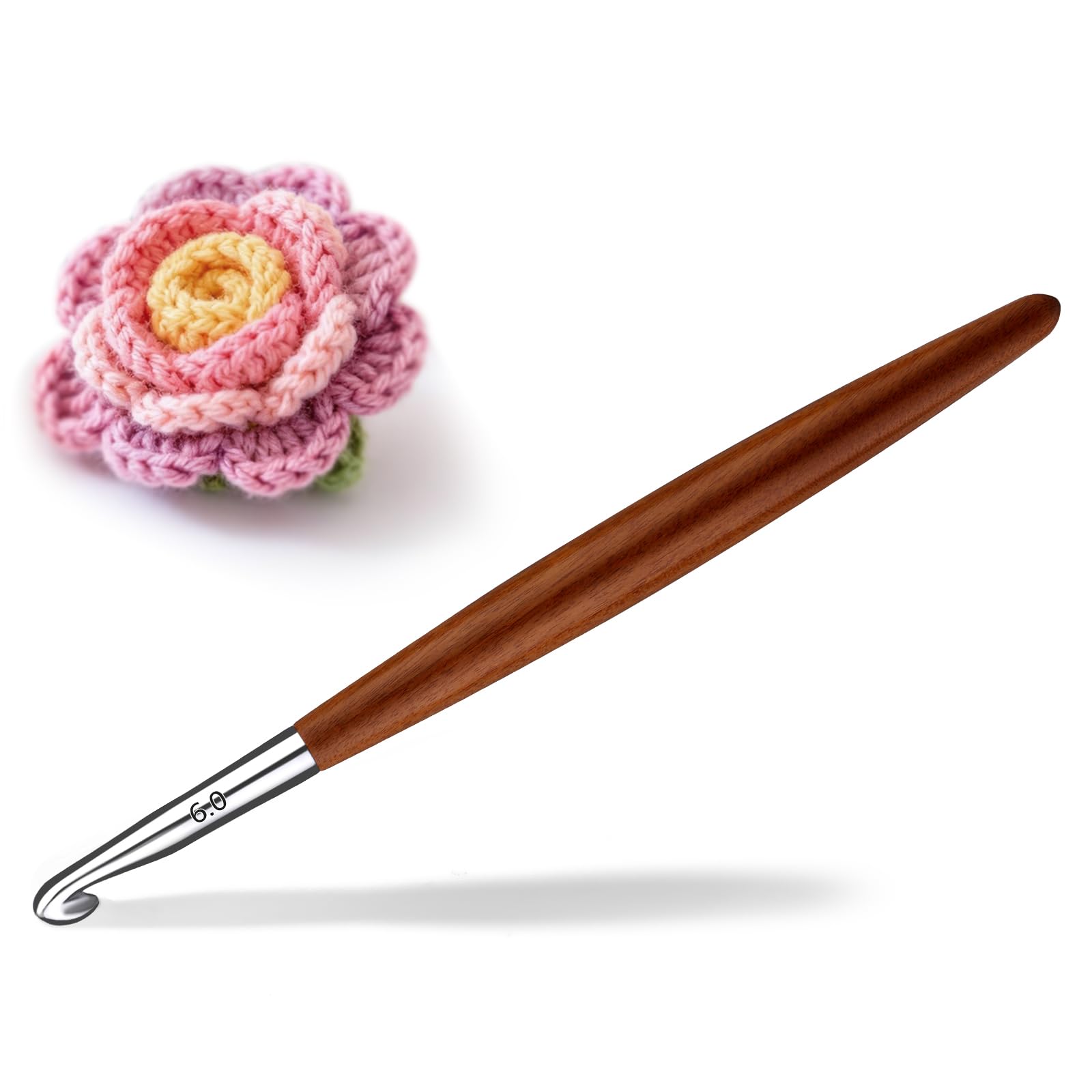 Lunarm Crochet Hook 6.0mm Ergonomic Crochet Aluminum Hook Wood Handle
