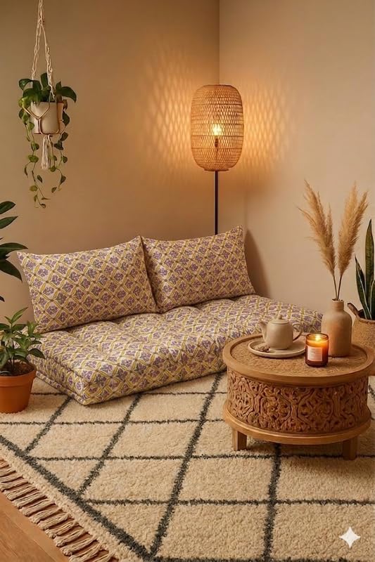 Low Seating Floor Cushion 70 x 110 cm with 2 Back Support Cushions | Floral Printed Gadda for Sitting, Meditation, Yoga & Living Room | Thick Quilted Cotton Floor Mattress Pad Floor Seating (Mustard-image-9