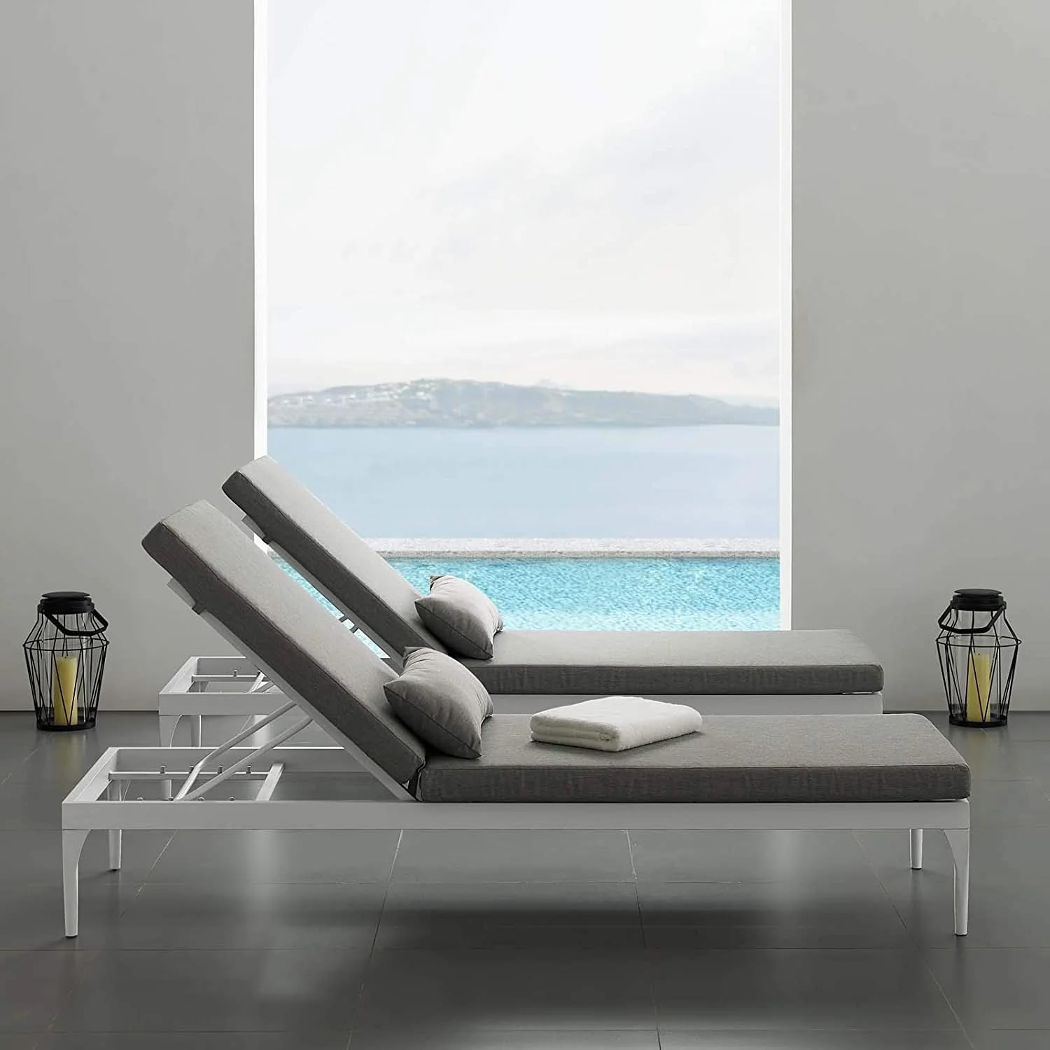 OUTLIVING Metal Outdoor Swimming Poolside Lounger Beach Sunbathing Lawn Patio Chaise Sun Lounger Chair with Cushion & Adjustable Backrest. (White/Grey)-image-5