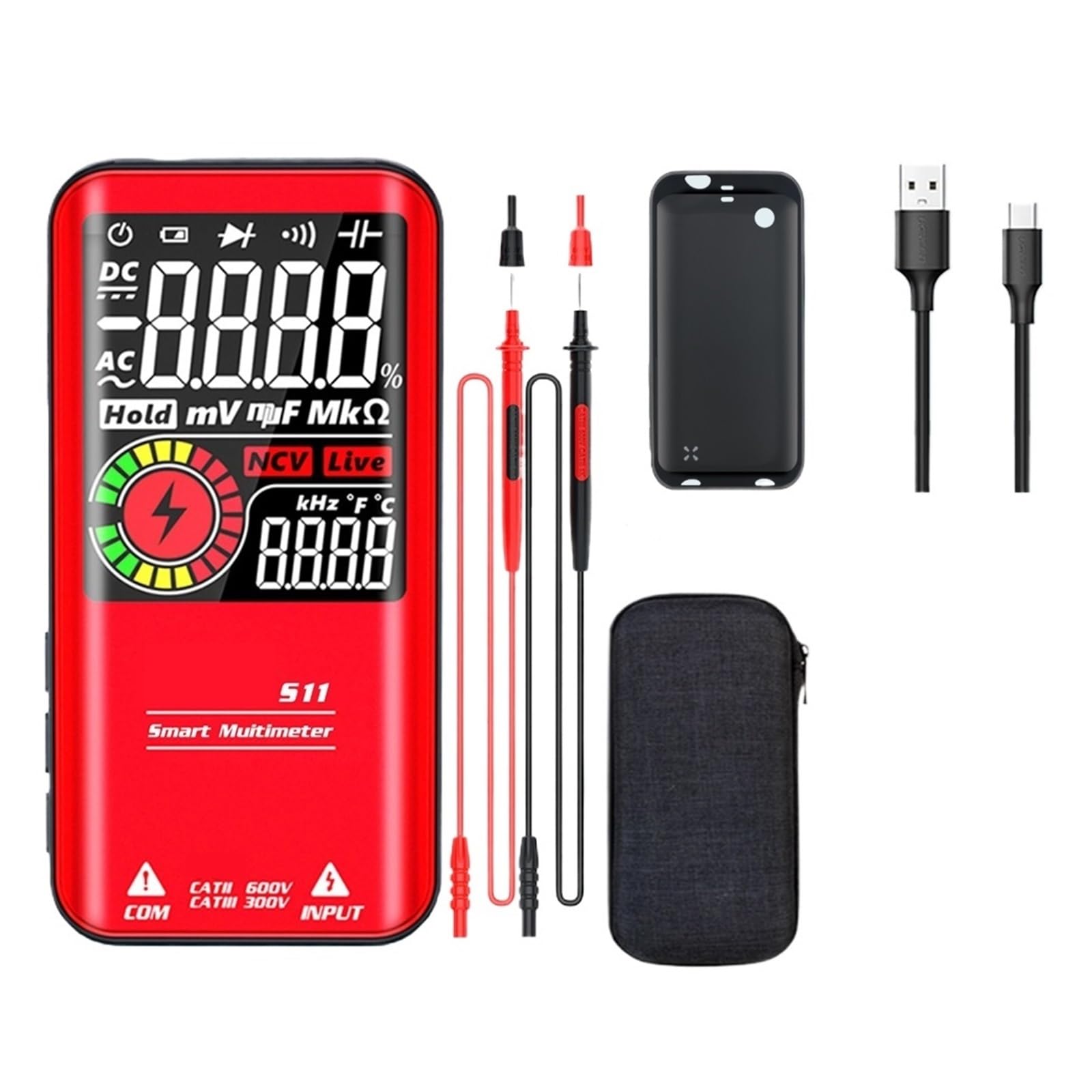Duży Ekran Inteligentny Multimetr Cyfrowy 9999 Zliczeń Ładowanie USB Multimetro True AC Napięcie Prądu Stałego Pojemność Temperatura Tester NCV Szybko Dokładnie Łatwy Odczyt(S11 Red)