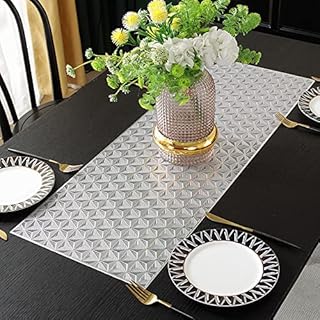 Hosoncovy PVC Hollow Table Runner Non-slip Decorative Table Mats Placemat for Home Party Kitchen Dining Wedding Decor (90CM X 33CM) (Silver)
