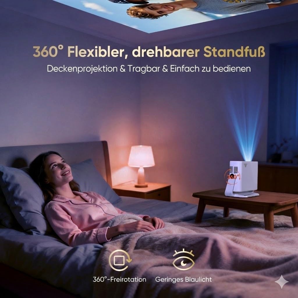 [Wielio 2026 Upgrade Google TV Beamer] Natives 1080P, 4K-Unterstützung, 25000 Lumens,elektrischer Fokus & Trapezkorrektur, WiFi & BT Heimkino Beamer, Mini Projektor mit 360° drehbarem Ständer