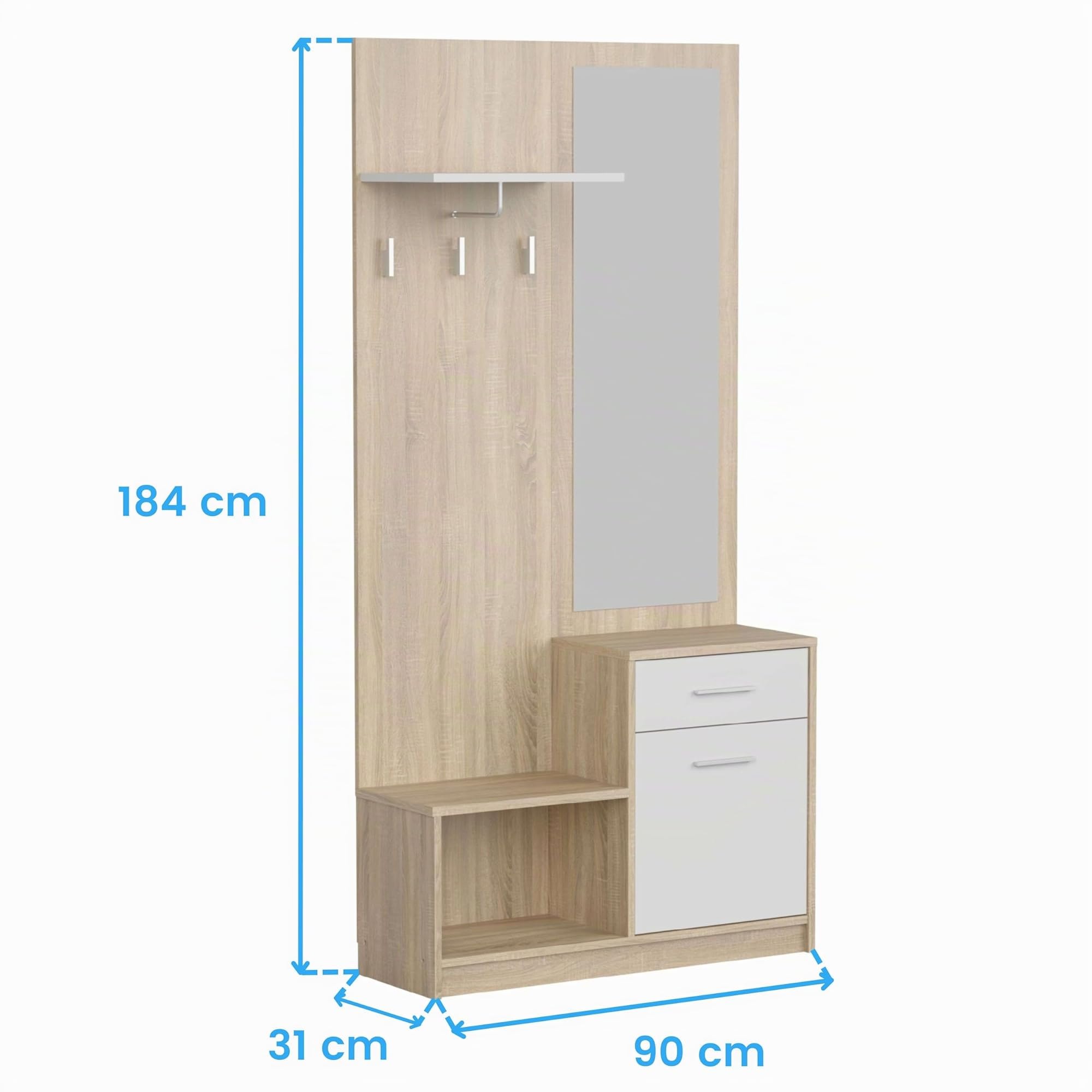 Miroytengo Mueble Recibidor con Espejo Sett 1 Cajon 1 Puerta 1 Estante 1 Hueco Abierto Color Blanco y Roble Cambrian 90 cm