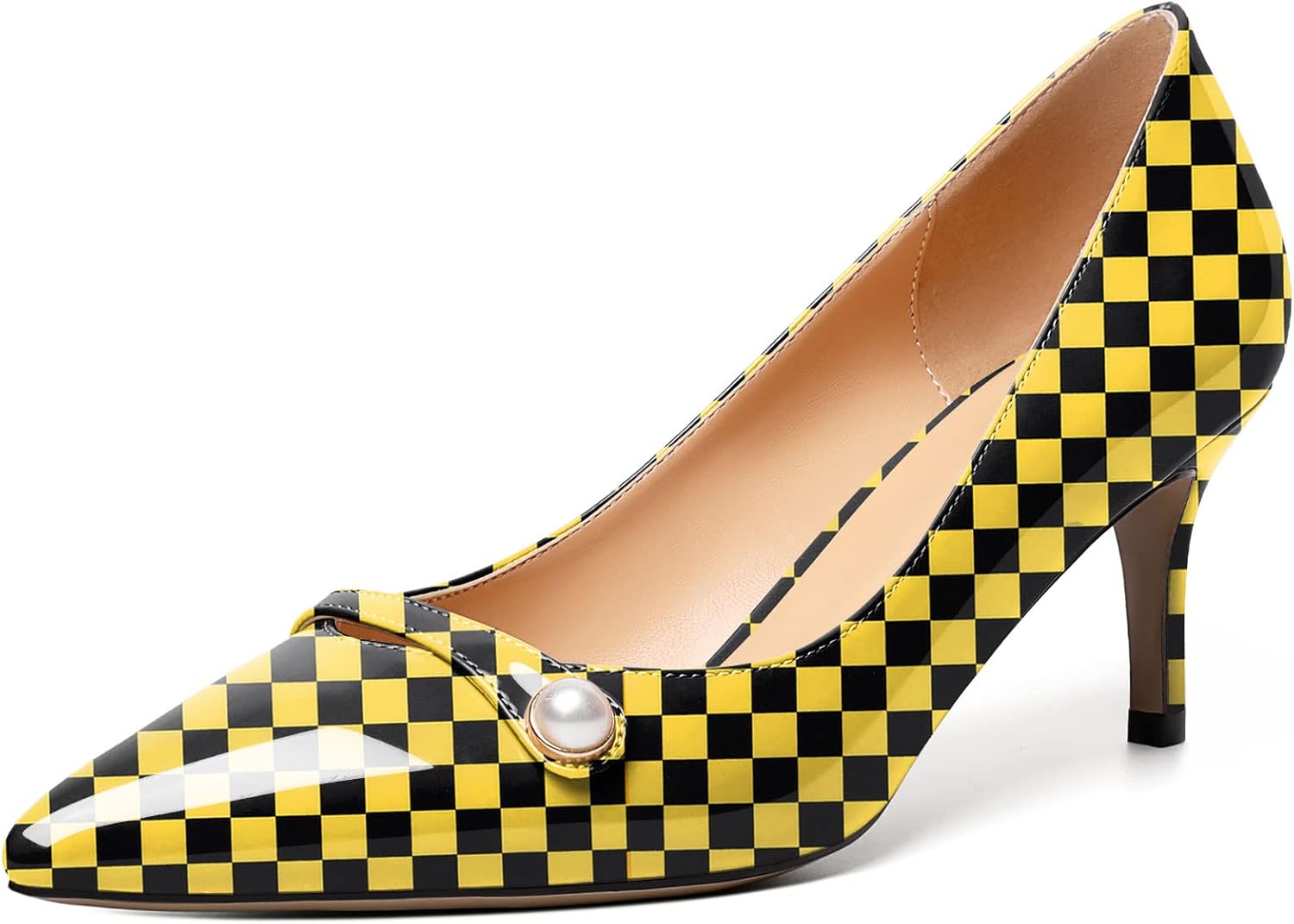 AUMOTED Womens Sexy Patent Pointed Toe Pumps Stiletto Mid Heel Pumps Slip On with Pearl Evening Wedding Dress Shoes 2.5 Inch