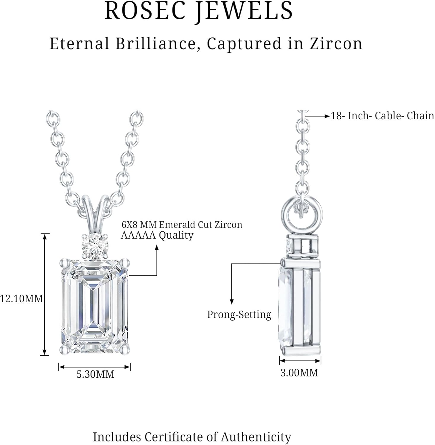 Certified 1.5 Carat Cubic Zirconia Necklace With Chain, AAAAA Quality, CZ Diamond Emerald Cut Necklace - Ready To Gift - Image 10
