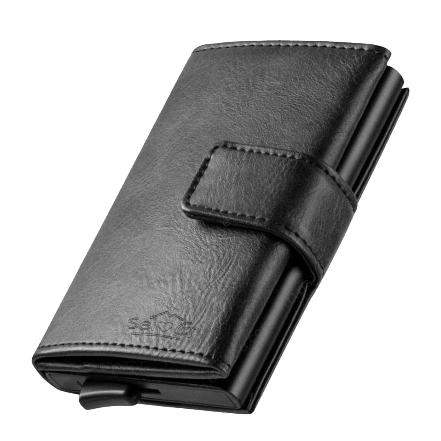 SEI G Portafoglio Uomo: Design in Vera Pelle, Blocco RFID e Innovativo Grilletto di Accesso Rapido Carte, Tasca Banconote, il Tutto in un Formato di Portafogli Compatto ed Elegante (Nero)