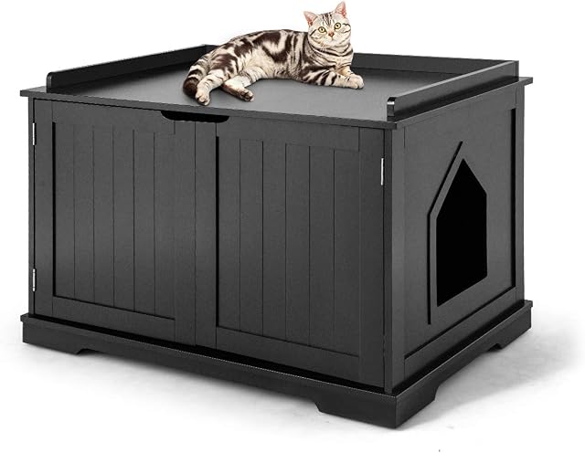 COSTWAY Cat Litter Box Enclosure Furniture, Wooden Kitty Hidden Washroom Toilet with Double Doors and Removable Divider, Indoor Cat House Storage Bench for Living Room Bathroom (Black)