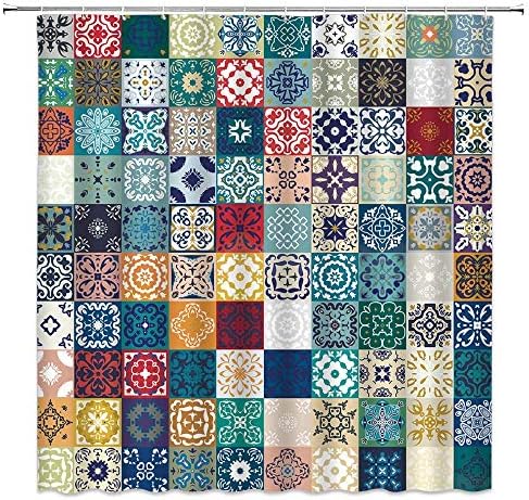 JOOCAR Design Shower Curtain, Gorgeous Floral Patchwork Colorful Moroccan, Waterproof Cloth Fabric Bathroom Decor Set with Hooks