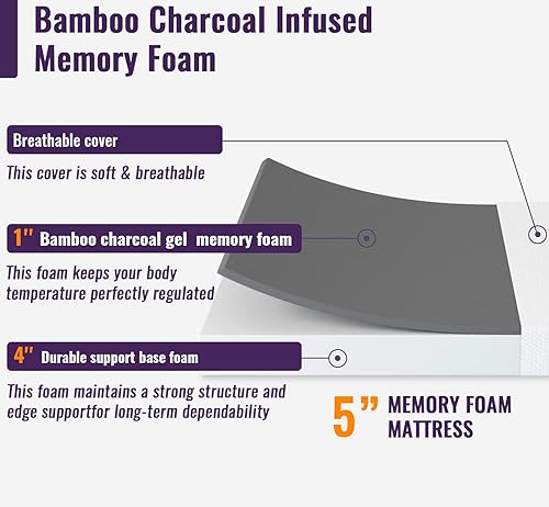 Miniatura 4 de PayLessHere Colchón de espuma viscoelástica de 5 pulgadas, colchón con infusión de carbón de bambú de gel refrescante, colchones de firmeza media,