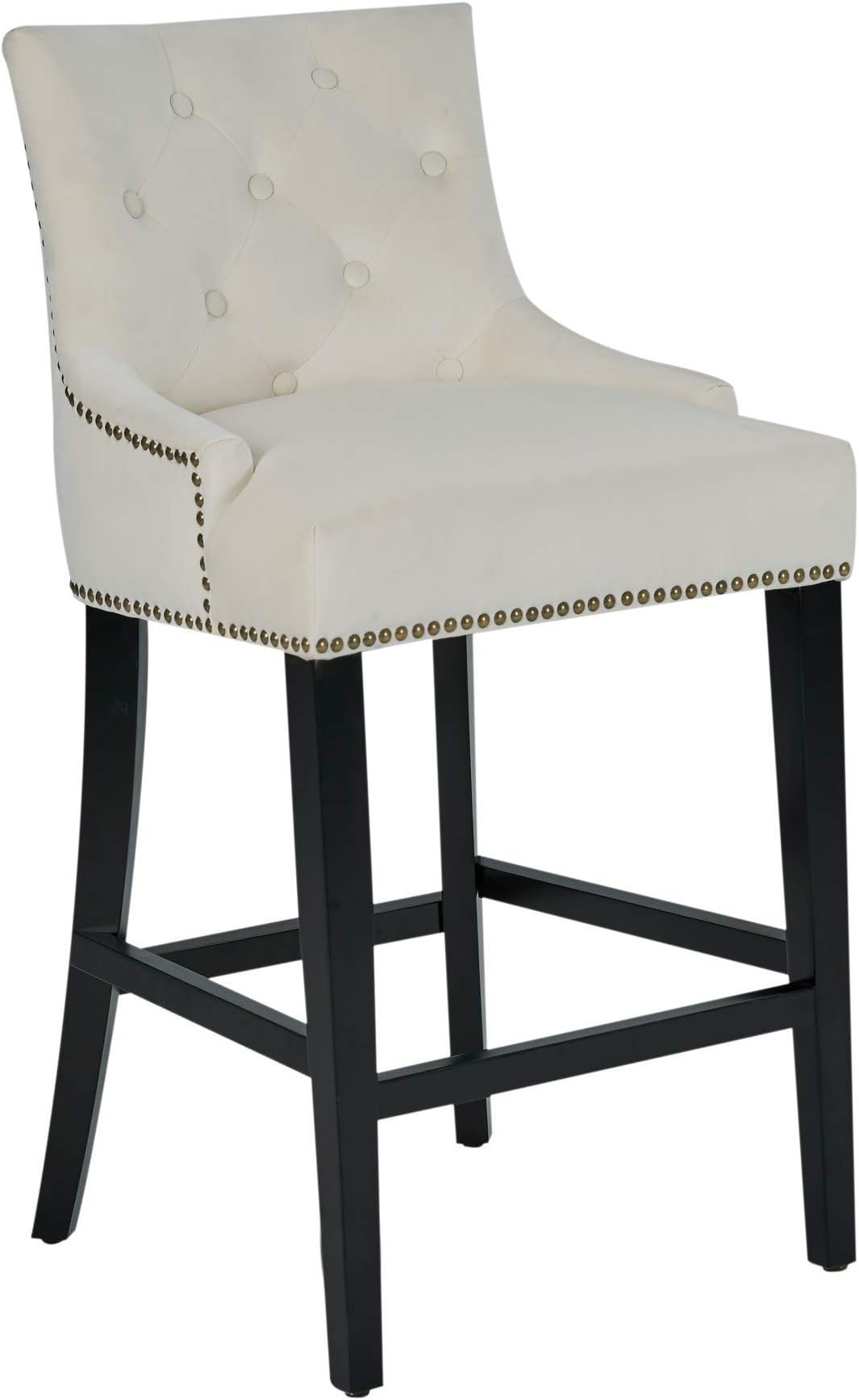Iconic Home Lyric Counter Stool Chair Button Tufted Velvet Upholstered Nailhead Trim Swoop Arm Seat Pull Ring Espresso Finished Tapered Wood Legs Modern Transitional, BEIGE