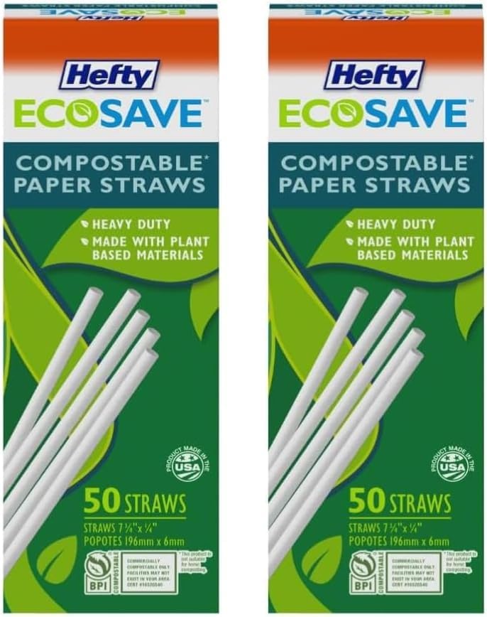 Hefty EcoSave 100% Compostable Paper Straws, 50 Count, White (Pack - 2)