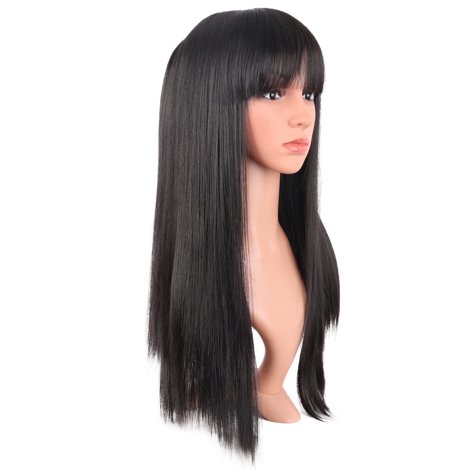 24 pulgadas/23.6 in mujeres largo recto con flequillo plano pelo sintético resistente al calor fibra pelo para fiesta Cosplay peluca (negro) 2
