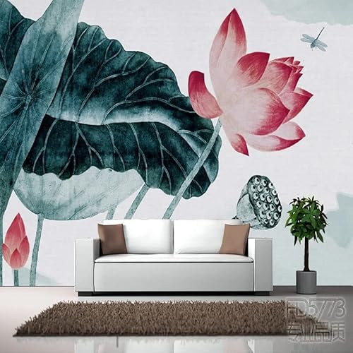 FitNshape Cualquier tamaño Papel tapiz mural 3D Exquisito Nueva tinta china Hoja de loto Sofá TV Fondo Etiqueta de la pared Papel De Parede Pintura * 150 cm x 105 cm (59.1x41.3 pulgadas)