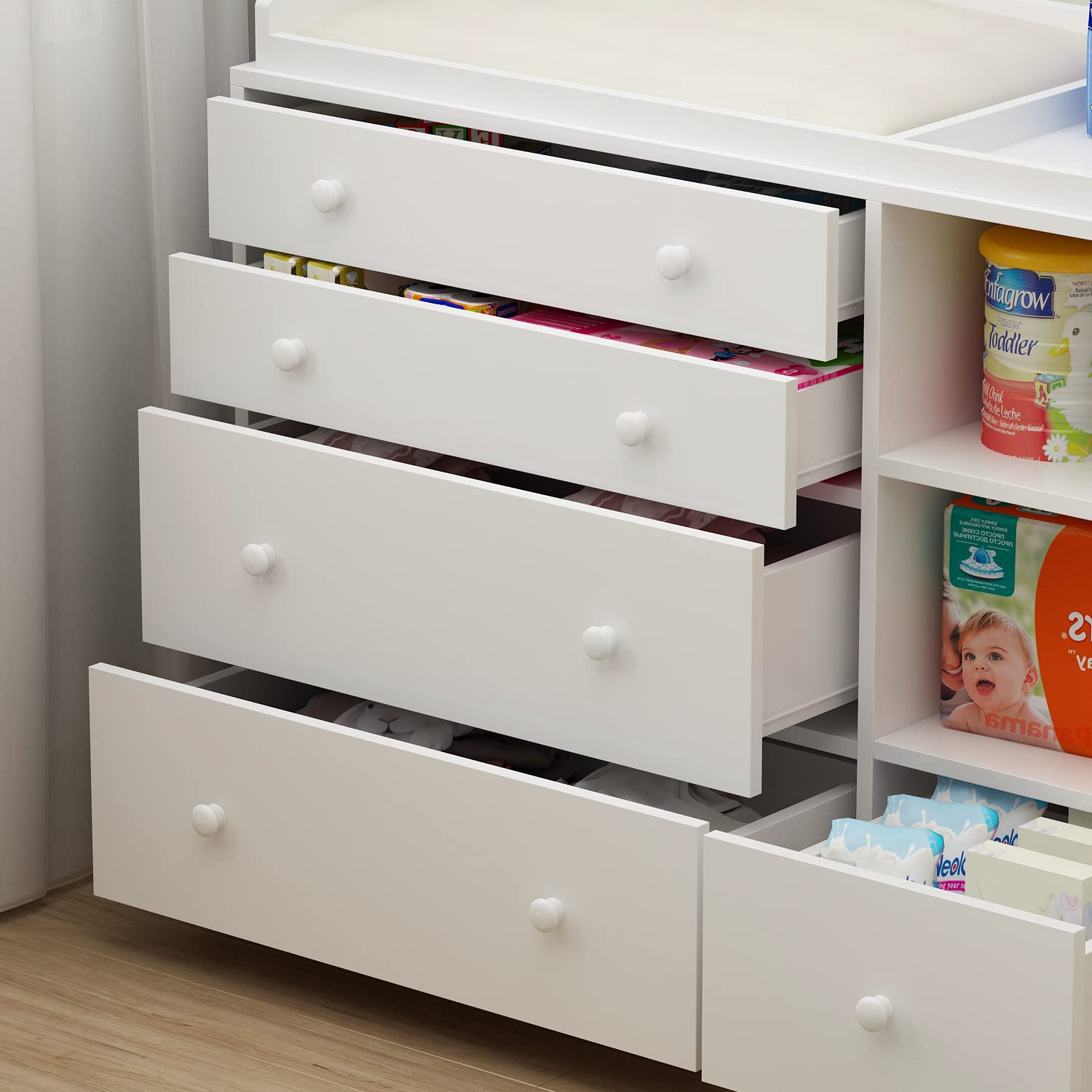 Wickeltisch, Wickelkommode, Wickelregal mit 5 Schubladen, Babykommode, Babypflege, Babymöbel, Wickeltische für Babyzimmer, Schlafzimmer, weiß, MDF