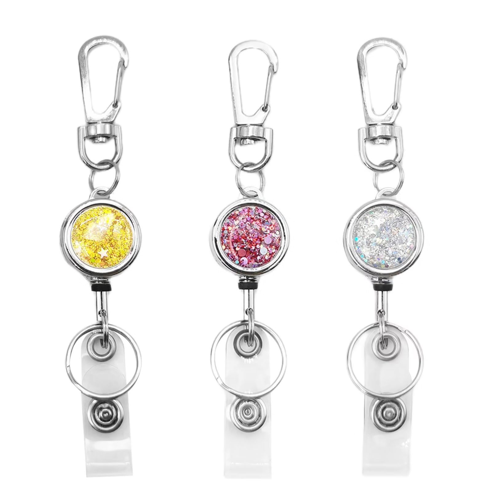 bolimoss 3 Pack Retractable ID Badge Reels with Glittery Shiny Design