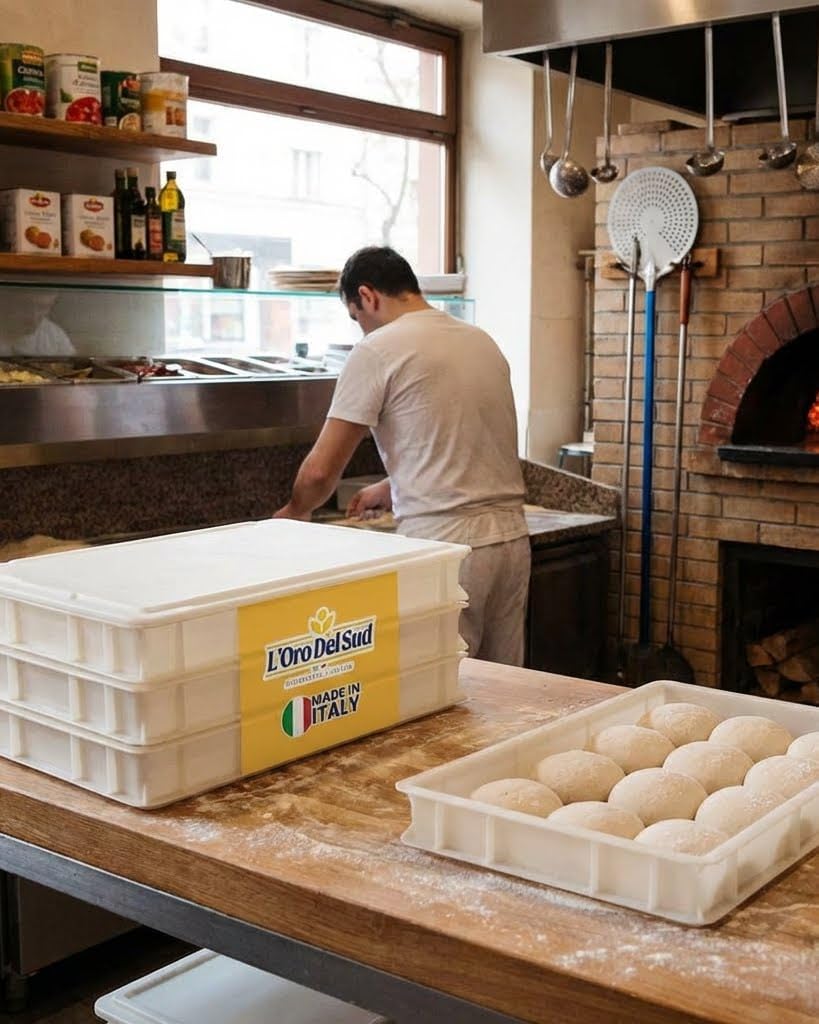 L'Oro Del Sud Commercial Dough Proofing Box Tray with Lid, White, 5 Pack, 23.6" x 15.74" x 2.75", Size Stackable Pizza Container, Bin Resistance to impact, temperature changes, Made in Italy