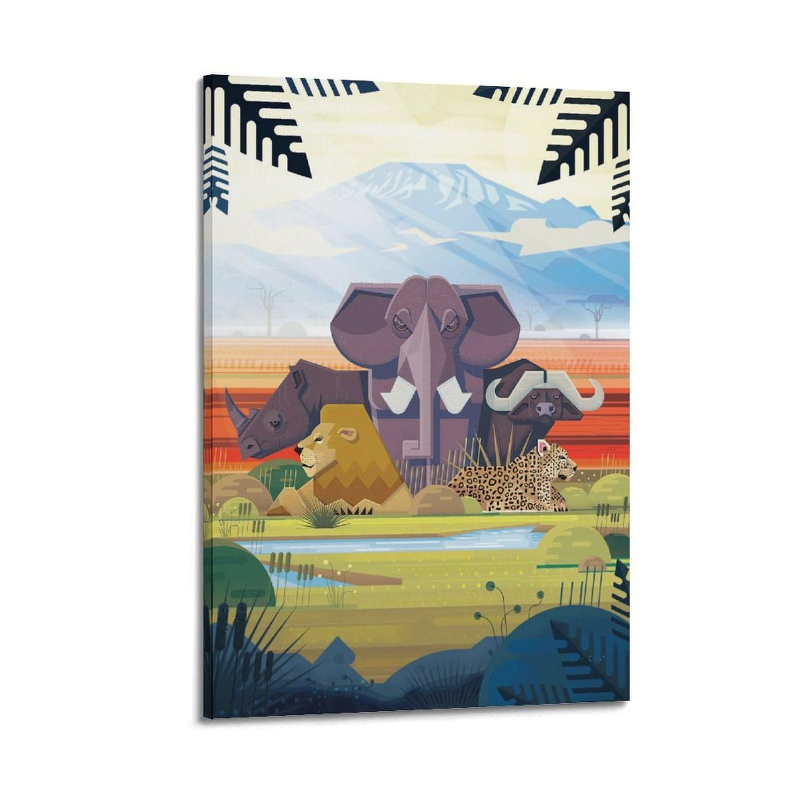 Xkuga Boys Frame-Style African Grassland Five Wildlife Safari Poster Vintage Modern Decorative Canvas Prints - Ideal Wall Art For Family, Man Cave, Game Room, & Girls Bedroom 20X30inch(50X75cm)