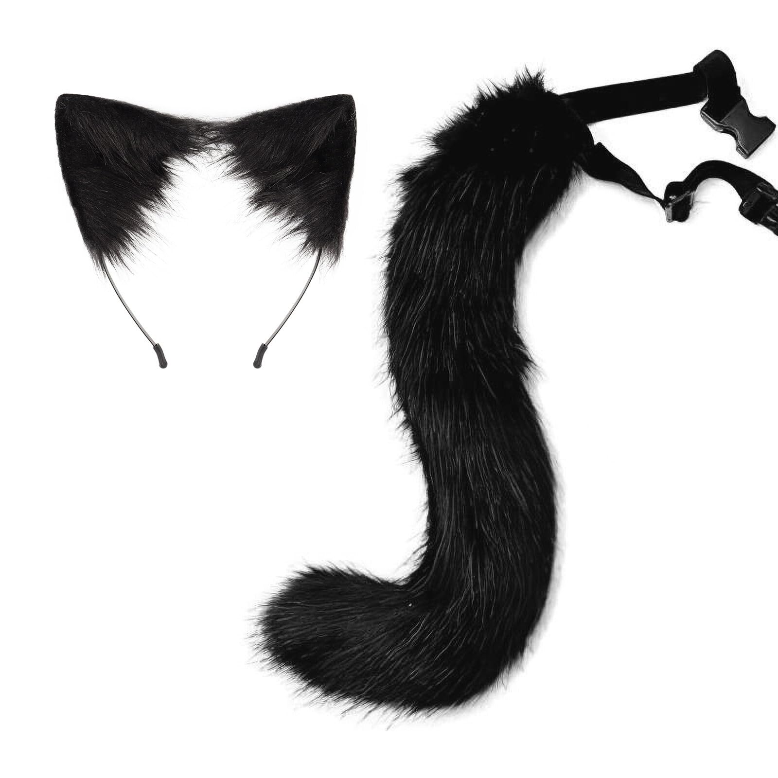 Tail and Ears Set Long Fox Tail Cosplay Faux Fur Furry Fox Wolf Tail Kit with Ears for Anime Fancy Dress Party Halloween Christmas Dress Up Carnival Role Play
