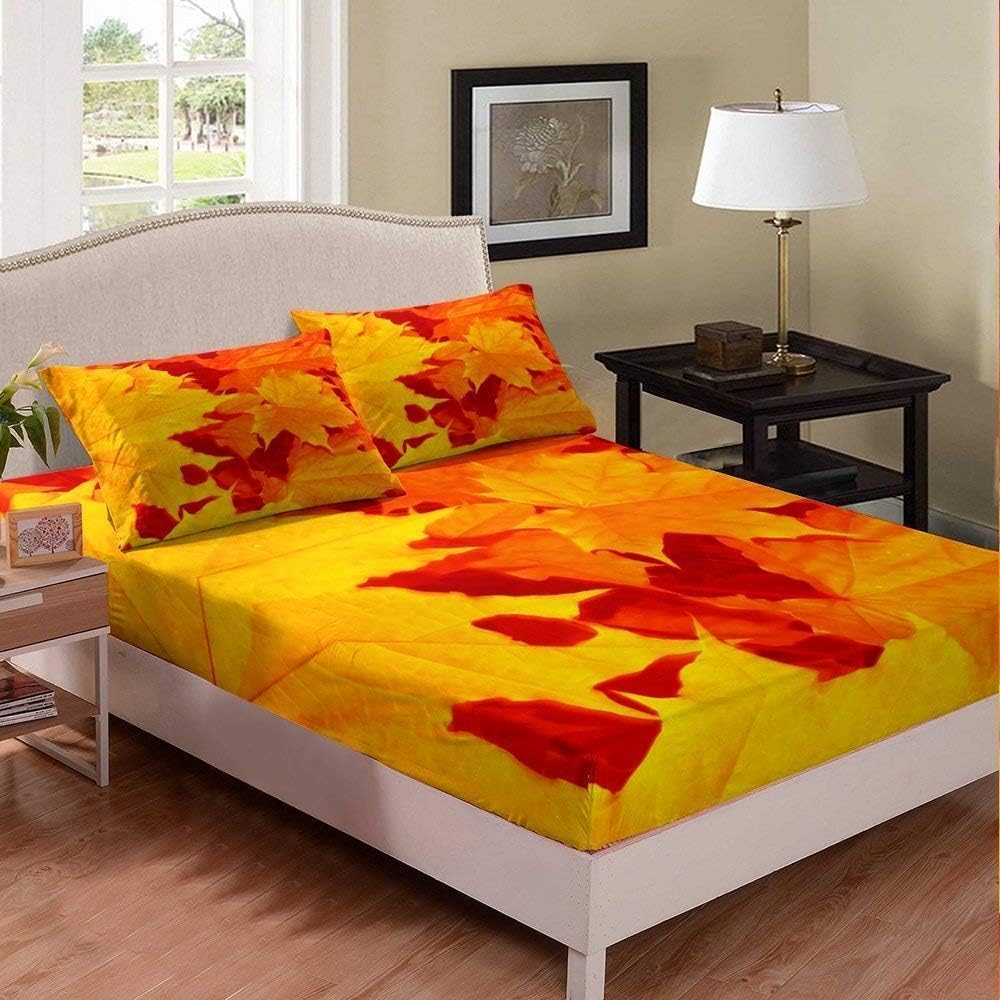 Autumn Maple Leaf Single Fitted Sheet Autumn Maple Leaf Bed Sheets Deep Pocket 12 inch Soft Cozy 3 Piece Microfibre 3D Bed Sheet 90x190 cm with 2 Pillowcases 50x75 cm G3298
