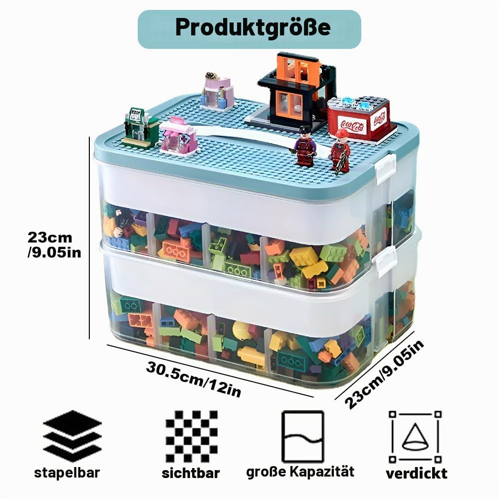 Aufbewahrungsbox für Lego Bausteine,Kisten Spielzeug Aufbewahrung mit Deckel,Sortierboxen Kleinteile Stapelbar (Zwei Ebenen-Gelb)