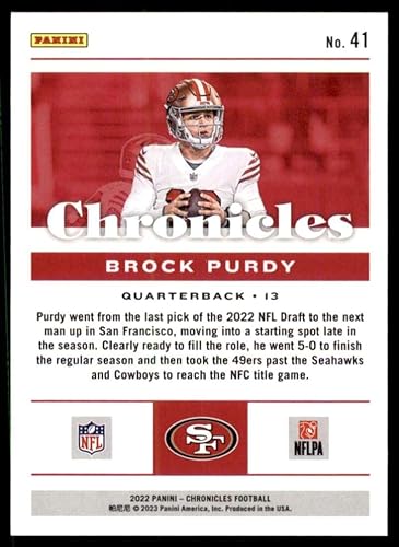 Miniatura 2 de 2022 Panini Chronicles #41 Brock Purdy San Francisco 49ers RC Rookie Card Official NFL Football Card in Raw (NM or Better) Condition