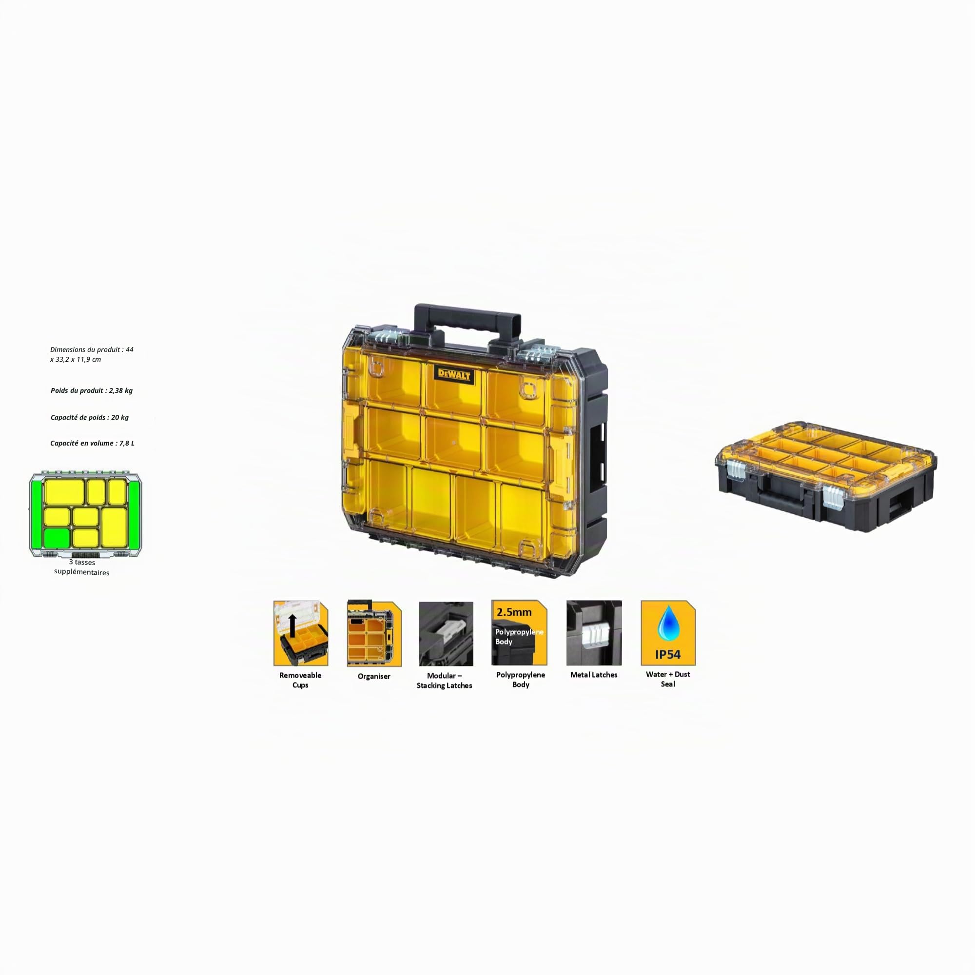 DEWALT Organiseur TSTAK DWST82968-1 - Etanche IP54-7,8L - Pour Petites Pièces et Accessoires - Couvercle en Polycarbonate Transparent