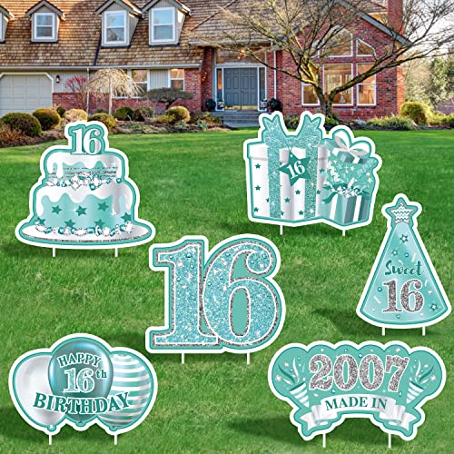 Japbor 6Pcs Happy 16Th Birthday Yard Sign, Teal Silver Sweet 16 Year Lawn Signs With Stakes, Cheers To 16 Years Old Outdoor Lawn Decorations, Breakfast Blue Teens 2007 Bday Party Yard Decor Supplies #TOP1