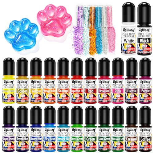 Epoxy Resin Pigment - 24 Colors Liquid Translucent Dye, Highly Concentrated for DIY Jewelry Making, Paint, Craft - 6ml Each, with 6 Colors Resin Glitter