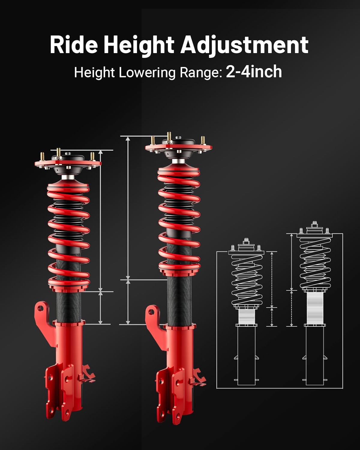 Diagram illustrating the adjustable ride height feature of the coilover, showing a lowering range of 2-4 inches.