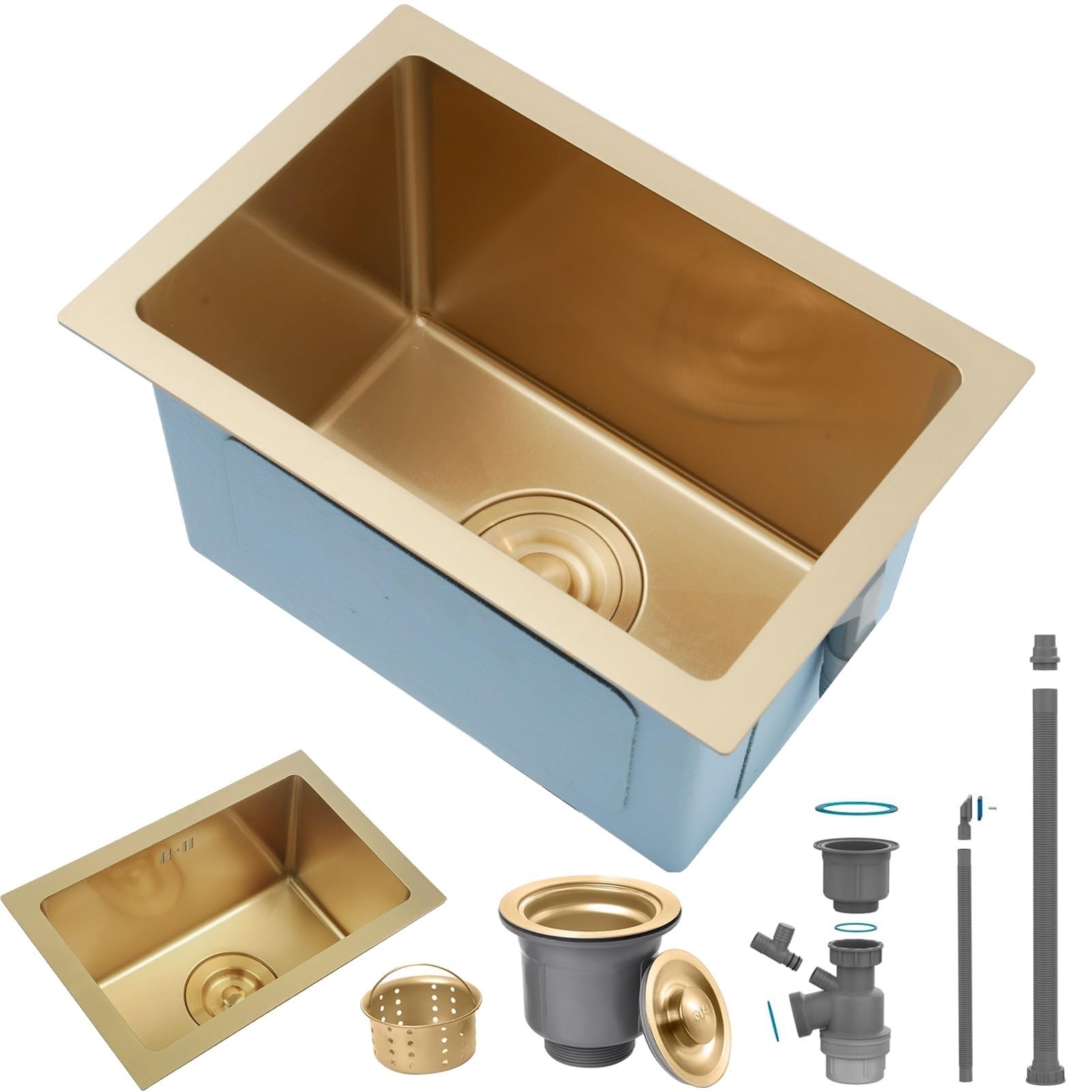 ZQFHSX Stainless Steel Kitchen Sink,Small Sink, Undermount Single Bowl Outdoor Campervan Essential with Silencer Pad, Drainer Fittings, Drop in Flushmount Or Topmount Installation, Gold(38x26cm)