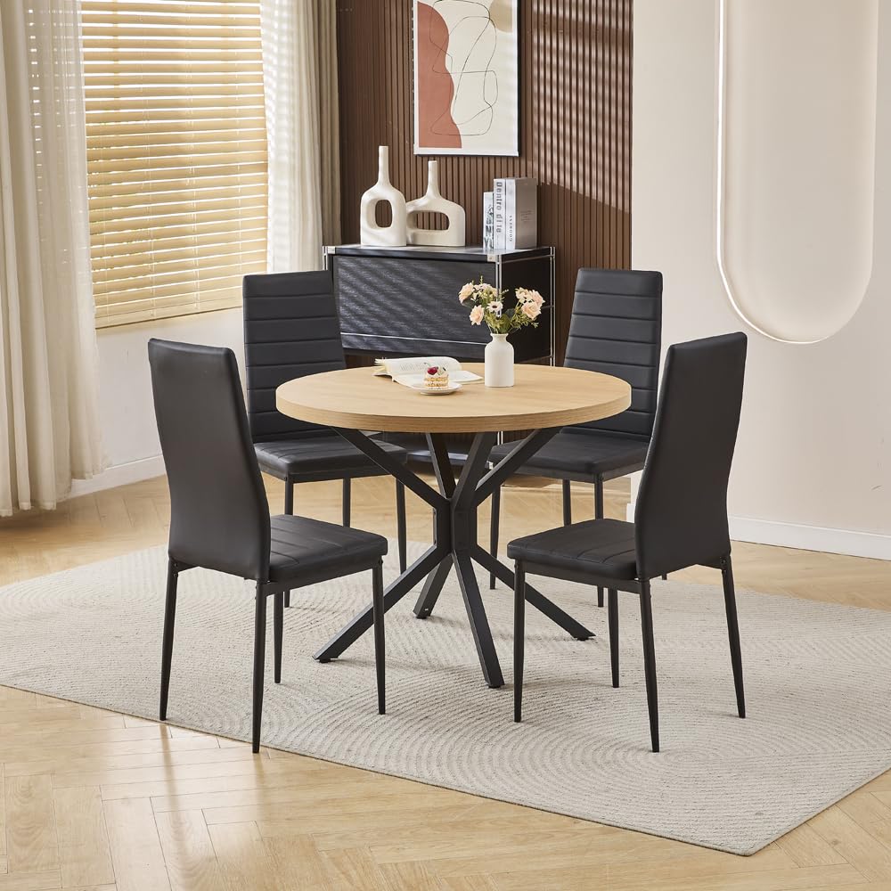 Rainbow Tree Large Round Dining Table and Chairs Set 4, 95cm Wooden Kitchen Table and 4 Chairs, With 4 Black Leather Chairs, 95x95x75cm - Image 2