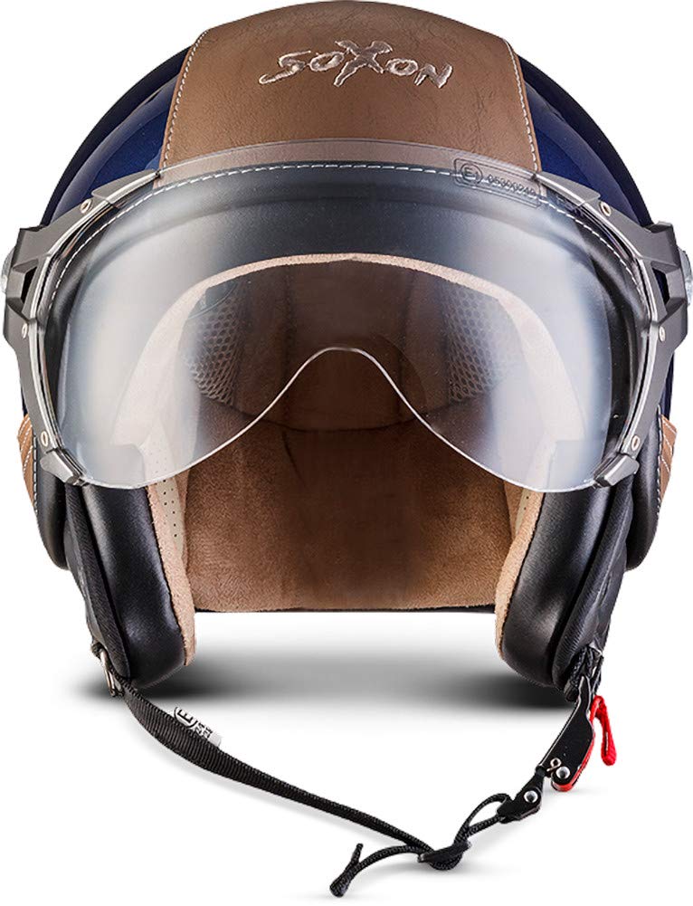 Soxon® SP-325 Urban „Blue“ · Jet-Helm · Motorrad-Helm Roller-Helm Scooter-Helm Moped Mofa-Helm Chopper Retro Vespa Vintage Pilot · ECE 22.05 Visier Leather-Design Schnellverschluss Tasche XS (53-54cm)