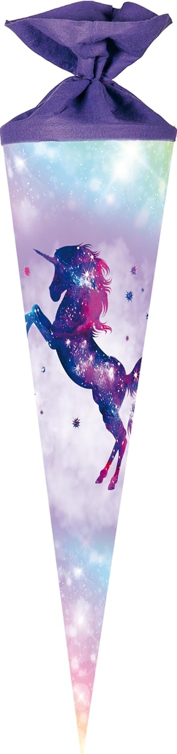 Nestler School cone for filling, handmade cardboard sugar cone - motif Galaxy Unicorn (purple, 70 cm round)