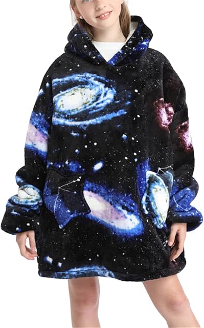 Imbry Girls Flannel Fleece Wearable Blanket Hoodie Oversized Kids Cotton Hooded Sweatshirt with Pocket Warm Jumper