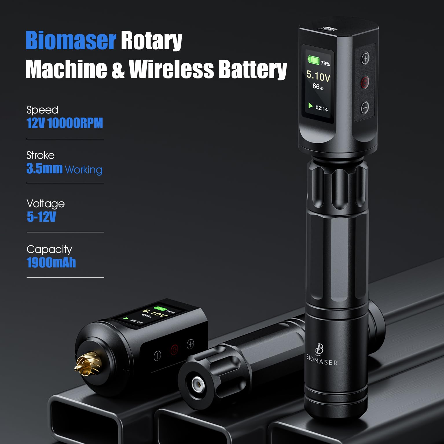 Biomaser Set di macchine senza fili con batteria da 1900 mAh | Penna rotante senza fili, 20 aghi, 10 bottiglie di inchiostro, accessori completi per principianti e artisti