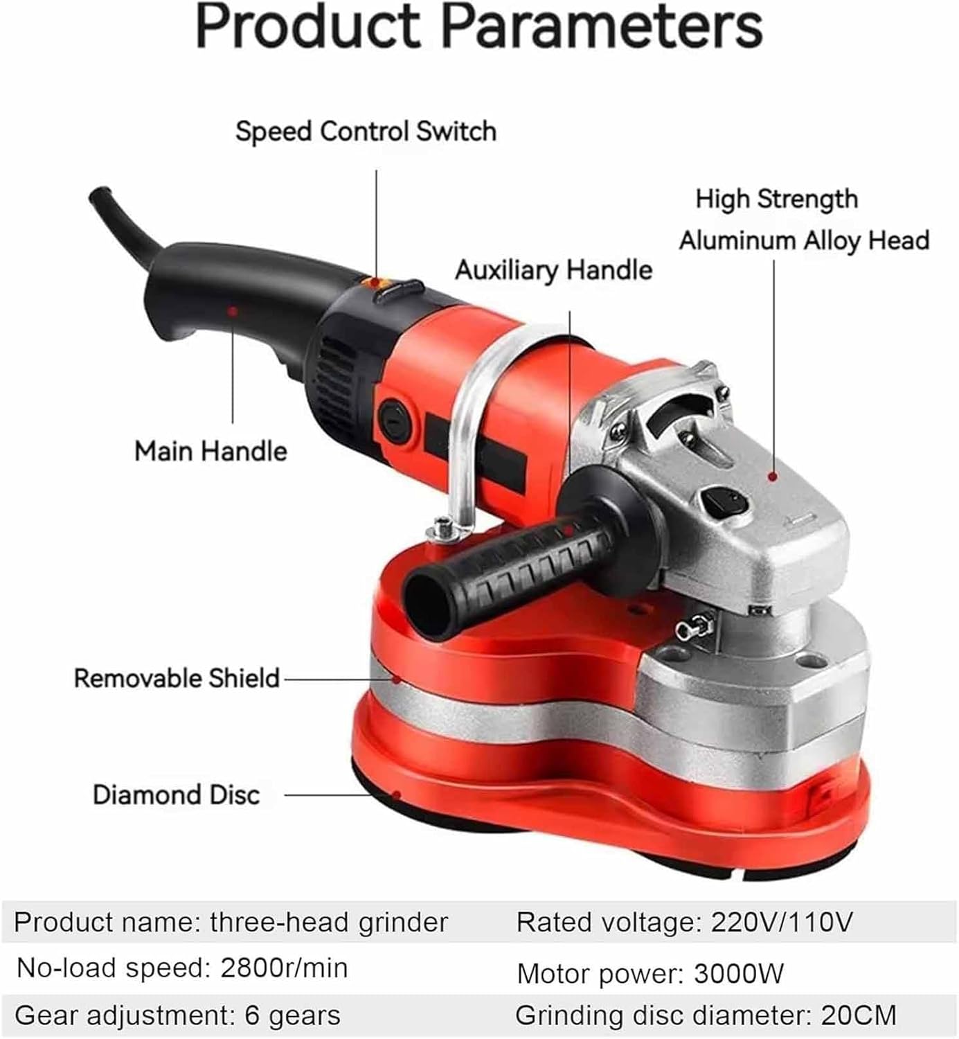 3 Head Concrete Grinder & Sander 2800w Concrete Wall Floor Grinder Kit with 3 Diamond Wheels,90° Seamless Sanding,Rock/Stone/Granite Polisher & Dust Vacuum Attachment (Withoutextensionpole)