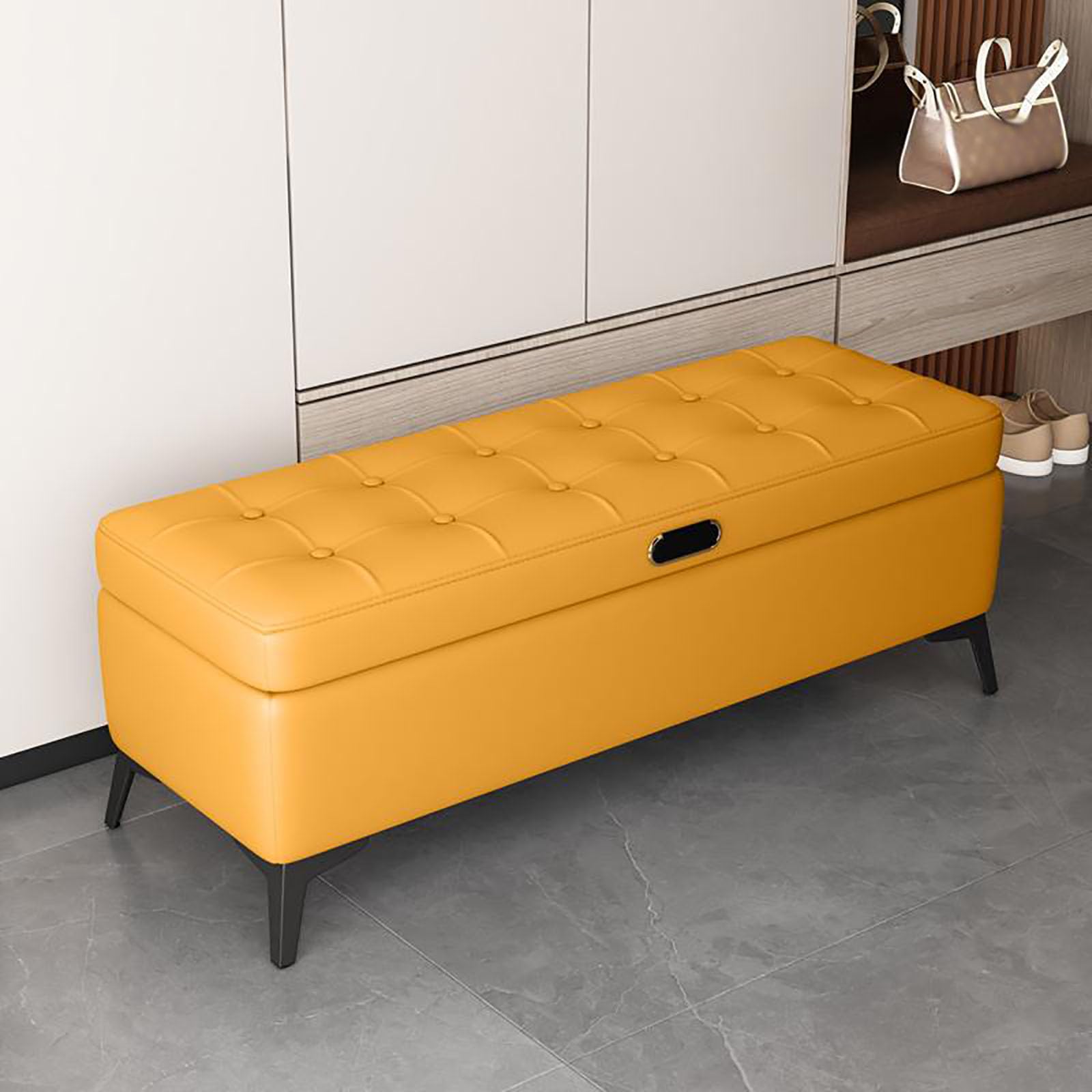 MSHGSKU Modern Upholstered Storage Bench for End of Bed Shoe Rack Ottoman with Wood Frame Synthetic Leather Foot Rest Stylish Entryway Furniture for Bedroom Living Room Hallway (100x40x40CM Yellow)