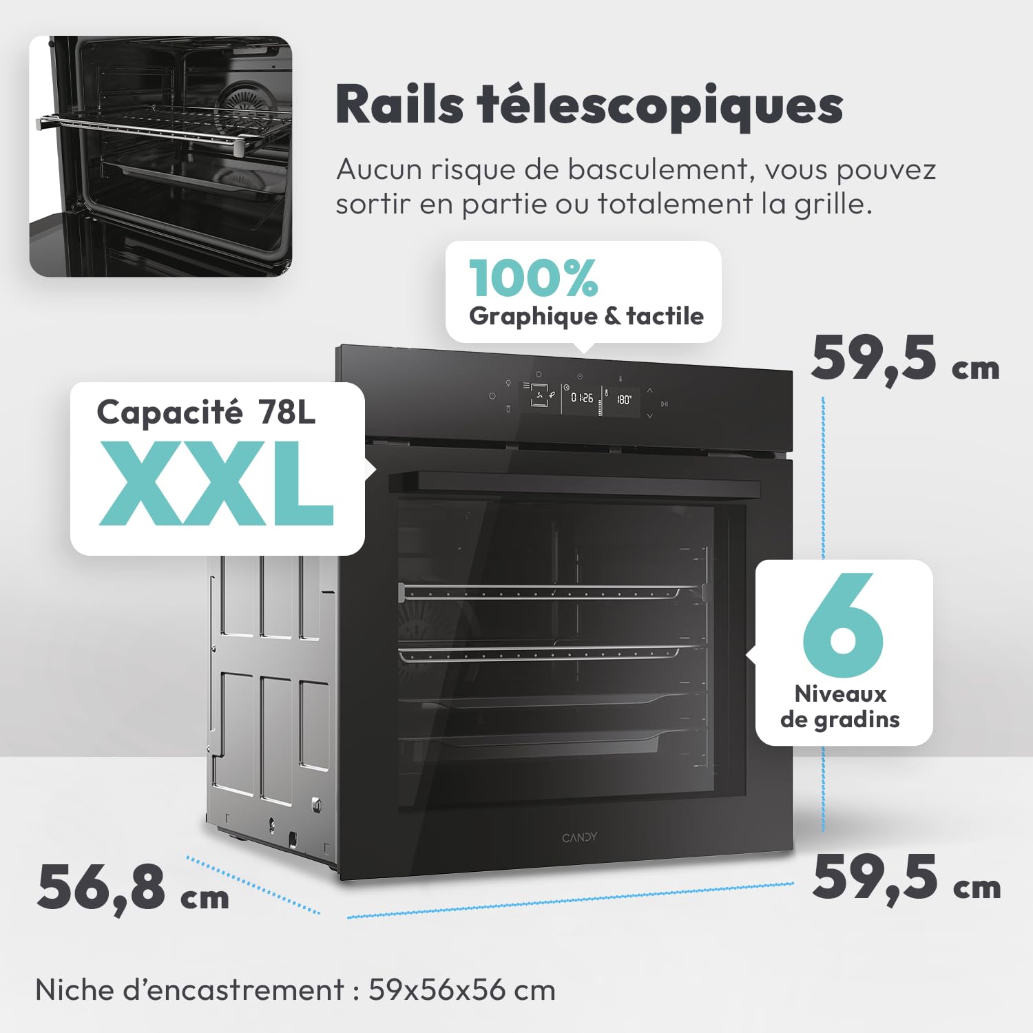 CANDY - Four Encastrable à Chaleur Pulsée - Pyrolyse/Hydrolyse, 6 Niveaux de Cuisson, A++, Cavité XXL (78L), Ouverture & Fermeture Douces, Noir - Interface 100% Tactile - 59,5 x 59,5 x 56,8 cm