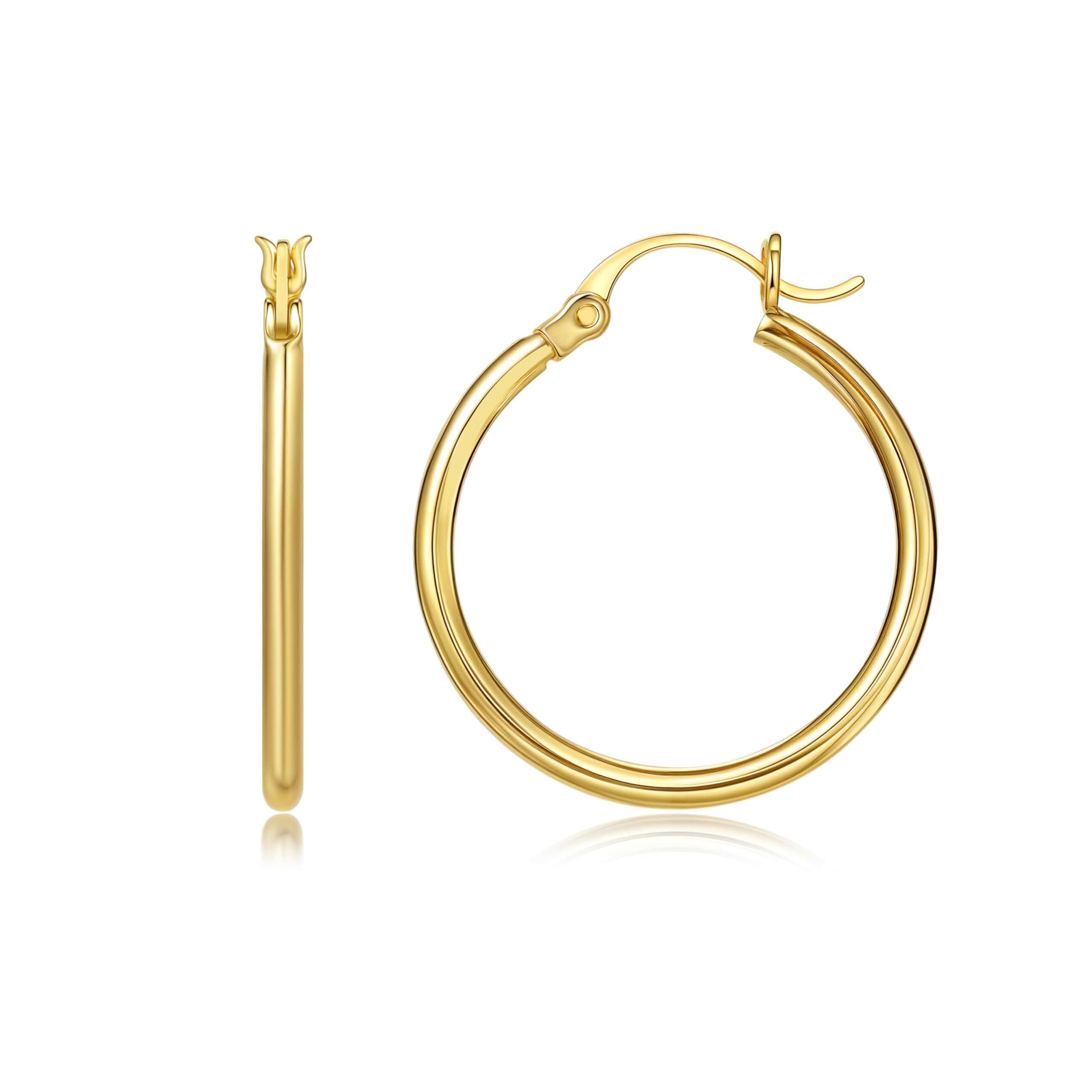 YUVOLA 14k Yellow Gold Hoop Earrings for Women Real Gold Classic Polished Round Hoops 2mm Thick 12/16/25/30/35mm Everyday ...