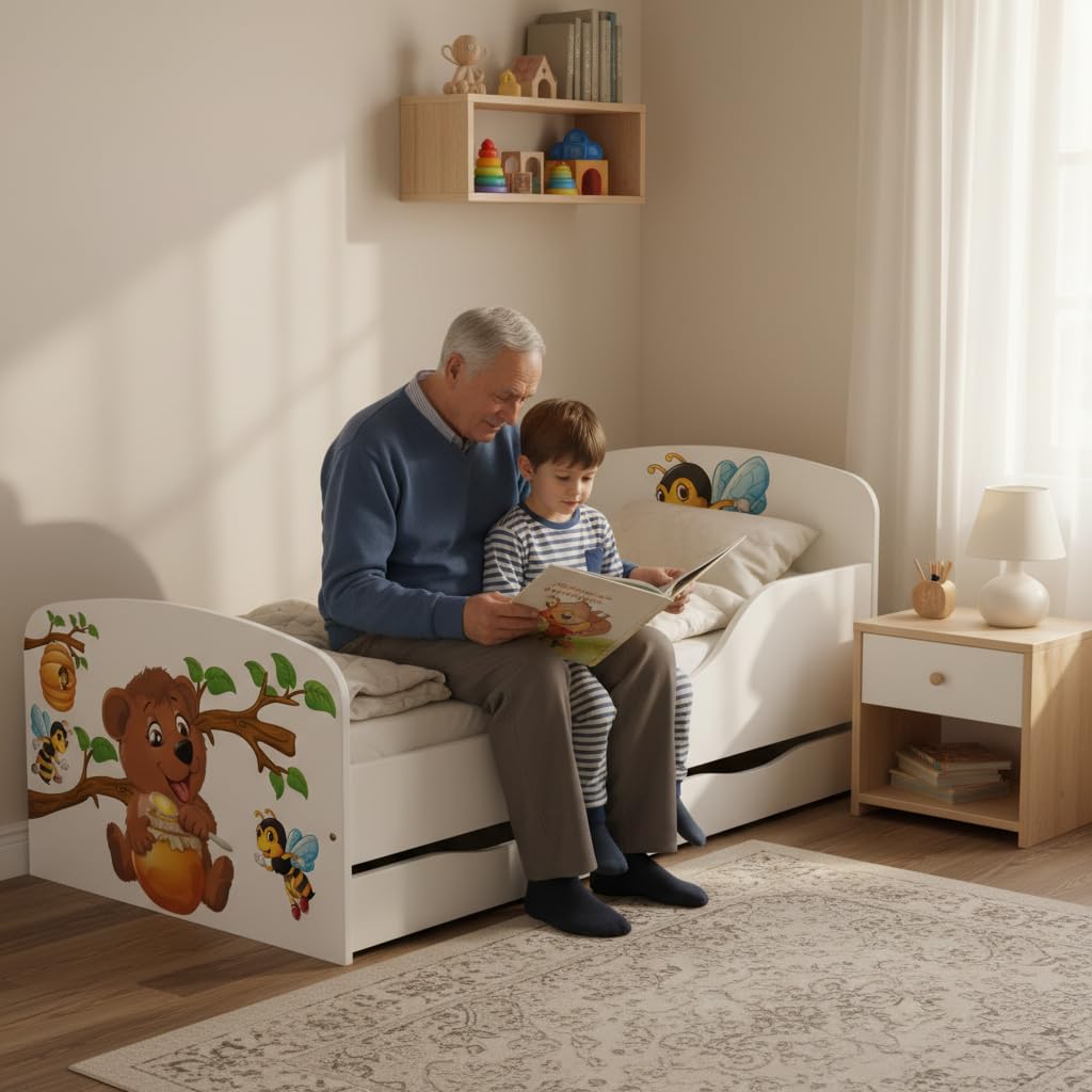 Leomark Einzelbett aus Holz - Honig und Bär - Kinderbett mit Schubladen für Bettwäsche, Stauraum, Holzbett mit Matratze + Lattenrost, Komplett Set, Liegefläche 70/140 cm, UV-Druck
