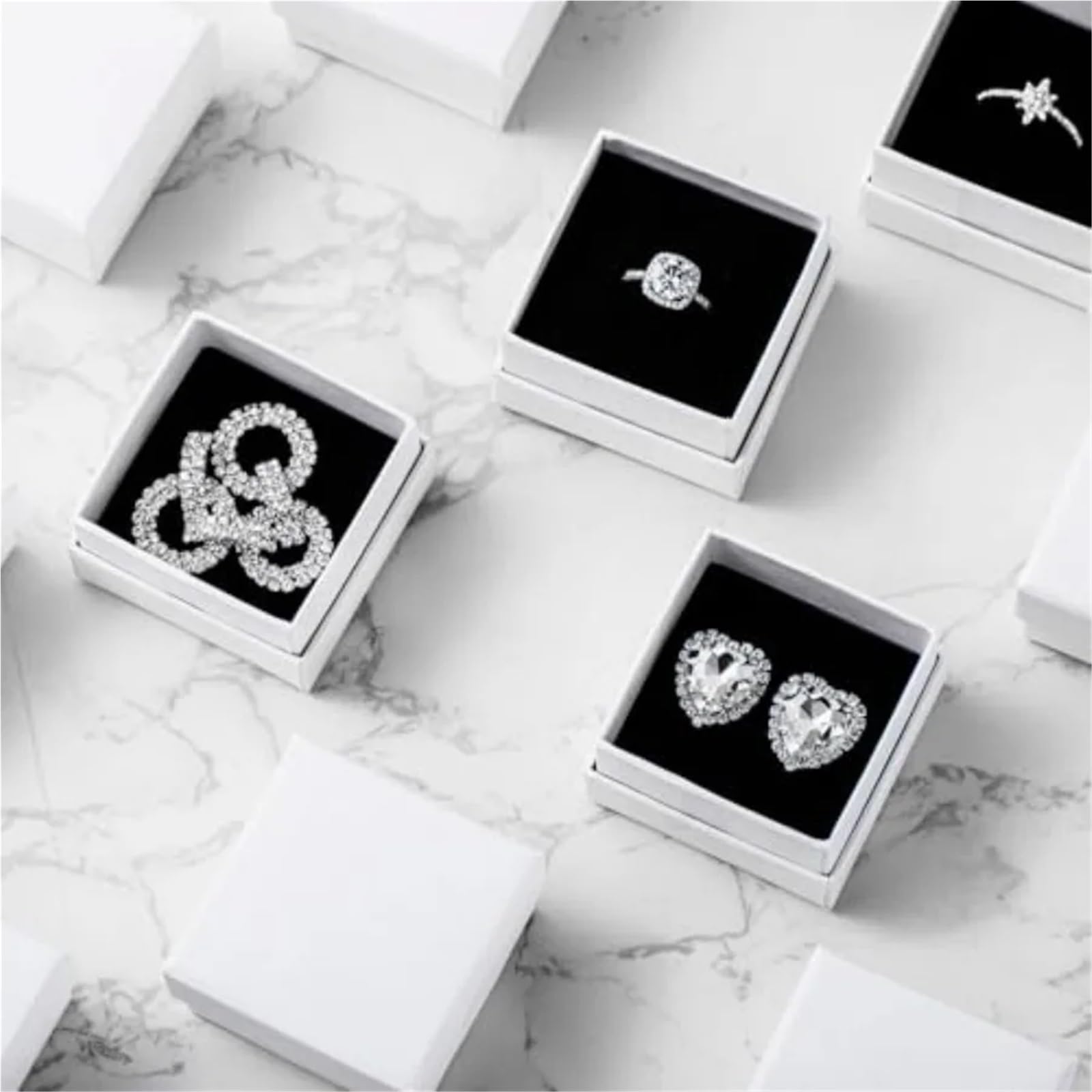 Cajas de cartón para joyas, 200 unidades, cajas de regalo de cartón, anillos y aretes, caja cuadrada de papel kraft con inserto de espuma para embalaje, color blanco