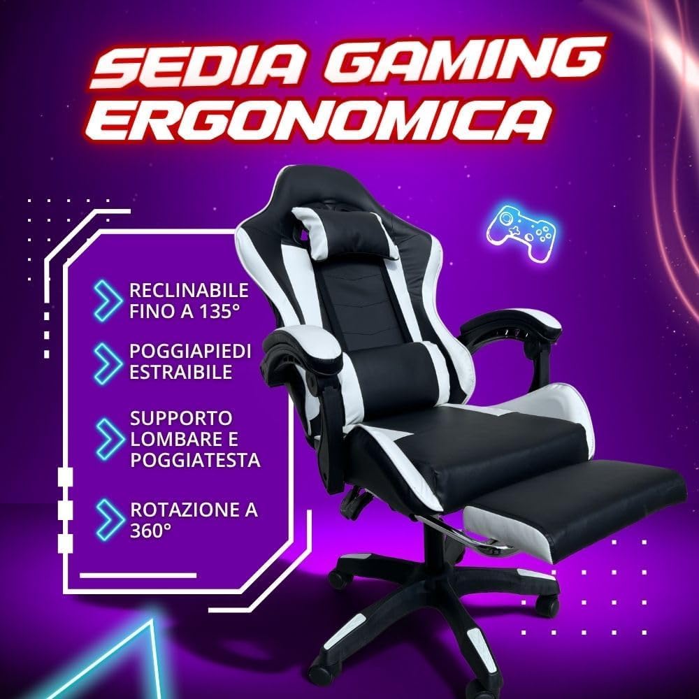 Sedia da Gaming Ergonomica Reclinabile fino a 135° con Poggiapiedi Cuscino Supporto Lombare e Poggiatesta con Rotelle Rotazione a 360°, Pistone a Gas Poltrona da Ufficio Portata 125kg (Bianco)