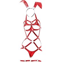 YOMORIO Womens Bunny Lingerie Set Faux Leather Strappy Bodysuit with Ears Headband, Cutout One-Piece Harness Teddy Outfit